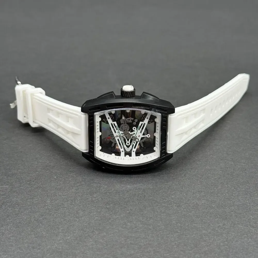 Mens White Tonneau Quartz Mille Fashion Watch Skeleton Dial Mille Style Barrel